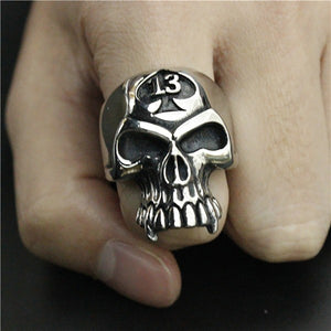 GUNGNEER Stainless Steel Spade Skull Biker Gothic Halloween Ring Lucky 13 Motor Biker Jewelry Men