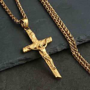 GUNGNEER Stainless Steel Cross Christ Necklace Jesus Pendant Chain Jewelry For Men Women