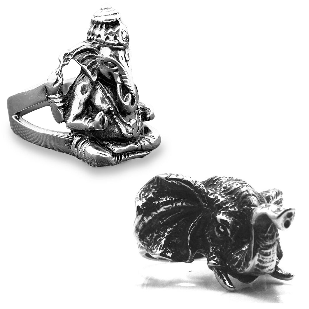 GUNGNEER Stainless Steel Spiritual Elephant Ganesha Om Ring Elephant Ring Jewelry Set For Men