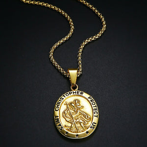 GUNGNEER Stainless Steel St Christopher Necklace Faith Cross Ring Prayer Protect Us Jewelry Set