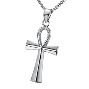 GUNGNEER Egyptian Ankh Cross Necklace Cuban Chain Bracelet Stainless Steel Pyramid Jewelry Set