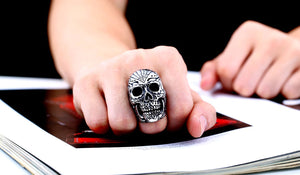 GUNGNEER Stainless Steel Flower Garden Skull Ring Halloween Biker Gothic Jewelry Men Women