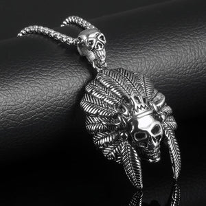 GUNGNEER Stainless Steel Skeleton Skull Indian Chief Pendants Necklaces Gothic Biker Jewelry