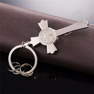 GUNGNEER Stainless Steel Jesus Cross Necklace Saint Benedict Keychain Christian Jewelry Set