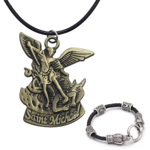 GUNGNEER Prayer Angel Wing St Michael Necklace Dragon Heads Bracelet Jewelry Set Men Women