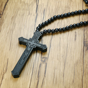 GUNGNEER Stainless Steel Christian Cross Ring Jesus Wooden Beads Necklace Jewelry Set Gift Men