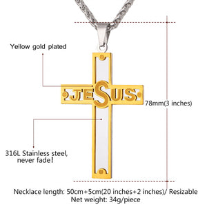 GUNGNEER Christian Necklace Stainless Steel Cross Jesus Bangle Bracelet Jewelry Set Men Women