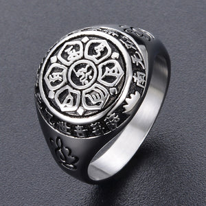 GUNGNEER Om Mani Padme Hum Mandala Ring Stainless Steel Lotus Spiritual Jewelry For Men