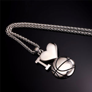 GUNGNEER Stainless Steel I Love Basketball Necklace Football Band Ring Sports Jewelry Set