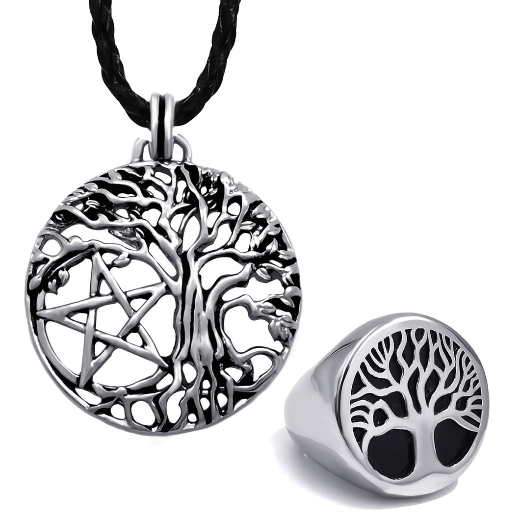 GUNGNEER Tree of Life Pentagram Pentacle Wicca Pendant Necklace Ring Jewelry Set Men Women