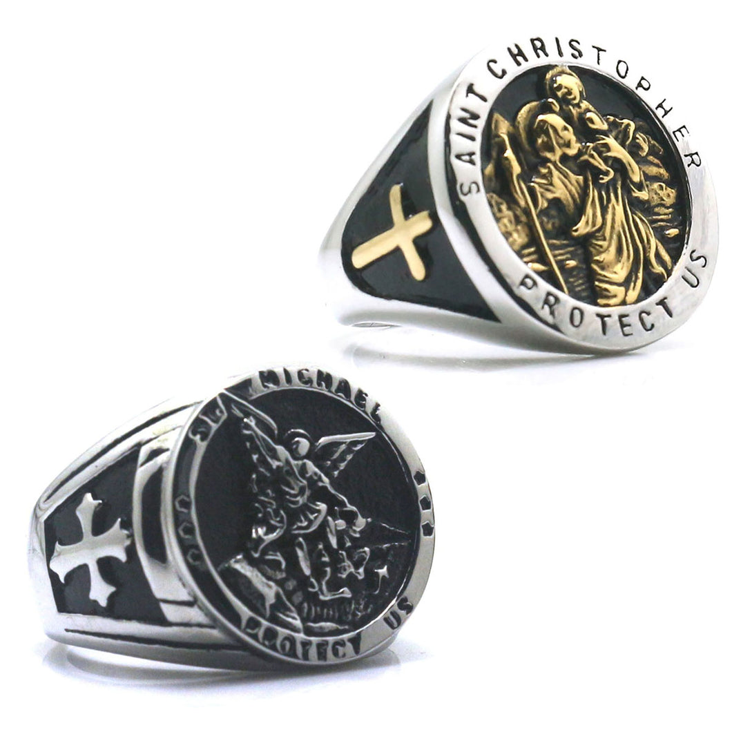 GUNGNEER 2 Pcs Men Stainless Steel Archangel St Michael Christopher Protect Us Ring Jewelry Set
