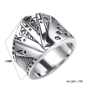 GUNGNEER Stainless Steel Poker Lucky Playing Cards Round Ring Jewelry Accessories Men Women