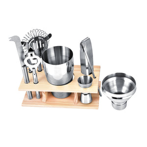 2TRIDENTS 9 Pcs/Set Stainless Steel Cocktail Shaker with Wood Holder Stand - Perfect Home Bartending Kit - Great For Home Bars And Parties