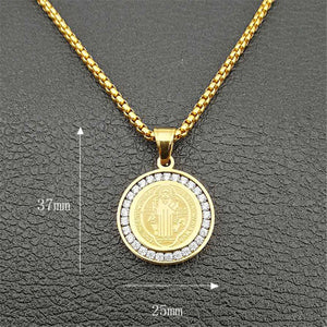 GUNGNEER Stainless Steel Saint Benedict Medal Pendant Necklace with Ring Catholic Jewelry Set