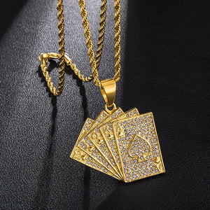 GUNGNEER Punk Iced Out Stainless Steel Straight Flush Poker Card Lucky Pendant Necklace Jewelry