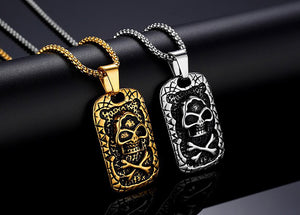 GUNGNEER Pirate Skull Stainless Steel Square Pendant Necklaces Dog Tag Gothic Biker Jewelry