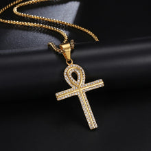 Load image into Gallery viewer, GUNGNEER Egypt Crystal Ankh Cross Charm Necklace Geometric Ring Stainless Steel Jewelry Set