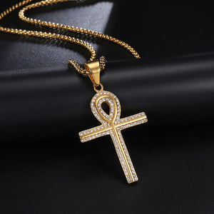 GUNGNEER Egypt Crystal Ankh Cross Charm Necklace Geometric Ring Stainless Steel Jewelry Set