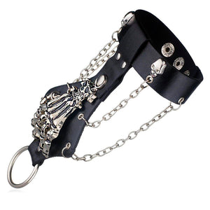 GUNGNEER Punk Rock Gothic Skeleton Skull Hand Glove Bangle Leather Bracelet Halloween Jewelry