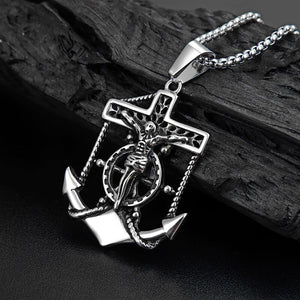 GUNGNEER Men's Anchor Jesus Cross Necklace Signet Ring Stainless Steel Nautical Jewelry Set