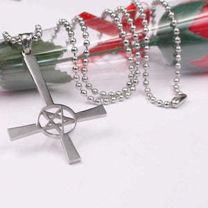 GUNGNEER Stainless Steel Pentagram Inverted Cross Pendant Necklace Demon Jewelry For Men