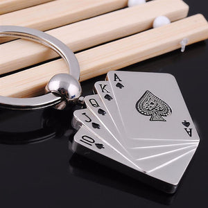 GUNGNEER Punk Silvertone Stainless Steel Straight Flush Poker Card Lucky Keychain Accessories