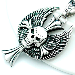 GUNGNEER Punk Wings Skull Cross Pendant Necklace Stainless Steel Gothic Biker Halloween Jewelry