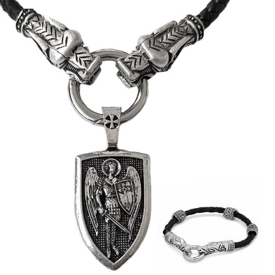 GUNGNEER Archangel St Michael Necklace Shield Norse Dragon Heads Bracelet Protection Jewelry Set