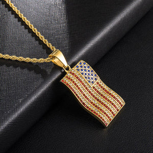 GUNGNEER Stainless Steel Crystal American Flag Pendant Necklace US Freedom Jewelry Accessories