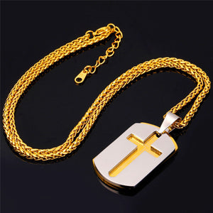 GUNGNEER Men Christian Necklace Dog Tag Bible Cross Link Chain Bracelet Jewelry Accessory Set