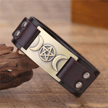 Load image into Gallery viewer, GUNGNEER Vintage Triple Moon Goddess Wicca Pentagram Leather Bracelet Jeweley Amulet Men Women