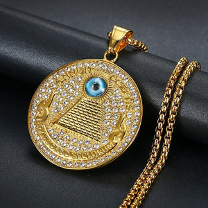 GUNGNEER Egyptian Pyramid Eye of Horus Stainless Steel Pendant Necklace Biker Ring Jewelry Set