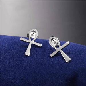 GUNGNEER Ankh Egyptian Cross Pendant Necklace Stud Earrings Stainless Steel Jewelry Set