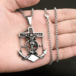 GUNGNEER Men's Anchor Jesus Cross Necklace Signet Ring Stainless Steel Nautical Jewelry Set