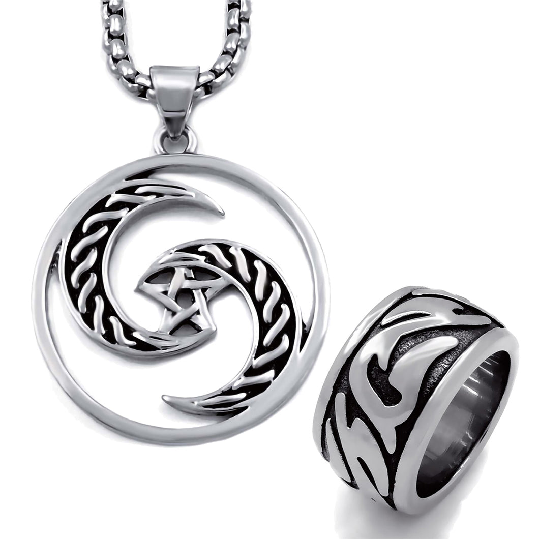 GUNGNEER Crescent Moon Pentagram Wicca Stainless Steel Pendant Necklace Band Ring Jewelry Set