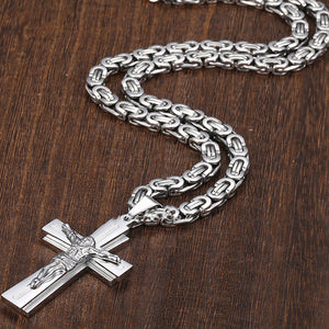 GUNGNEER Men Stainless Steel Christian Cross Byzantine Necklace Bracelet Jesus Jewelry Set