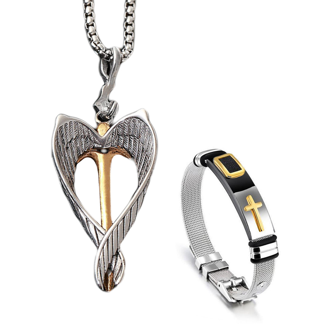 GUNGNEER Wing Cross Crucifix Pendant Necklace Adjustable Bracelet God Christ Jewelry Set