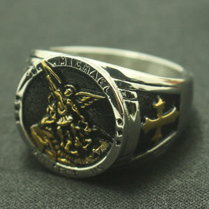 GUNGNEER Cross St Michael Protect Us Ring Many Sizes Stainless Steel Jewelry For Men