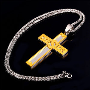 GUNGNEER Christian Necklace Stainless Steel Cross Jesus Bangle Bracelet Jewelry Set Men Women