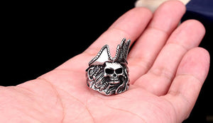 GUNGNEER Punk Gothic Stainless Steel Viking Pirate Skull Ring Halloween Jewelry Men Women