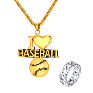 GUNGNEER I Love Baseball Necklace with Ring Stainless Steel Sport Jewelry Accessory Set