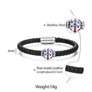 GUNGNEER Women Men Black Leather Braided Rope USA American Flag Heart Bracelet Charm Jewelry