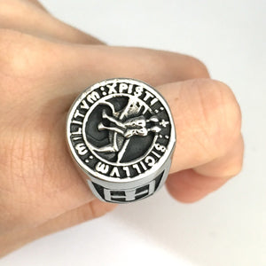 GUNGNEER Stainless Steel Silvertone Seal of Knights Templar Bracelet with Ring Jewelry Set