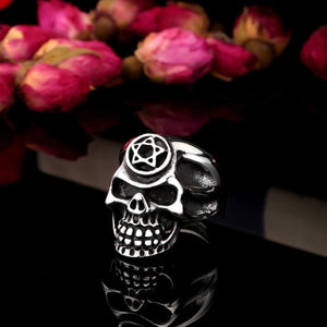 GUNGNEER Wicca Pentagram Pentacle Skull Ring Leather Rope Bracelet Gothic Punk Jewelry Set
