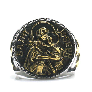 GUNGNEER2 Pcs Cross Saint Michael Joseph Protect Us Ring Stainless Steel Jewelry Set Men