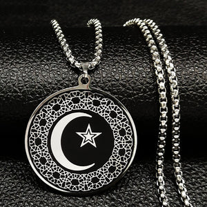 GUNGNEER Islam Muslim Star Moon Necklace Pentagram Drop Earrings Stainless Steel Jewelry Set