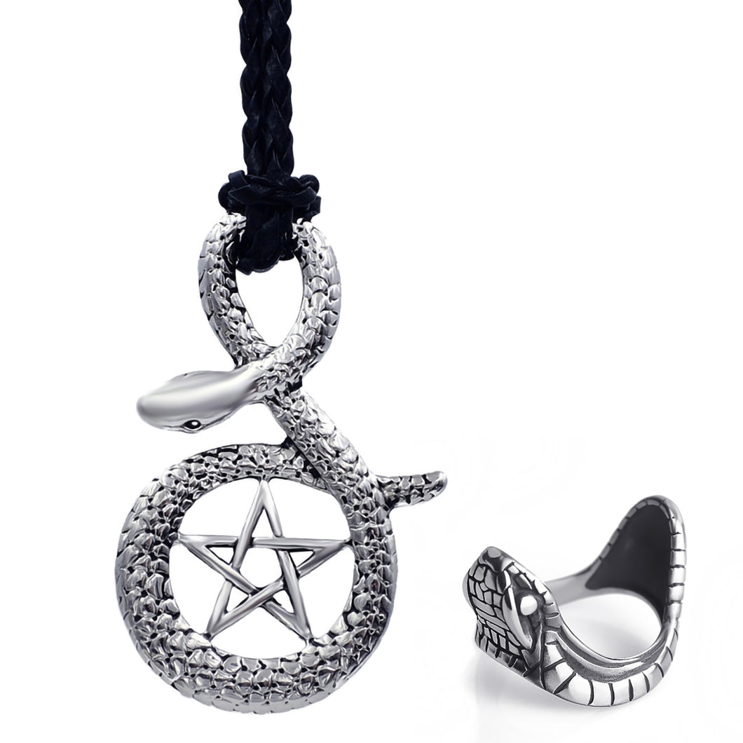 GUNGNEER Wicca Pentagram Pentacle Snake Pendant Necklace Ring Jewelry Set Gift Men Women