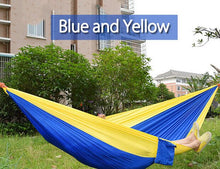Load image into Gallery viewer, 2TRIDENTS Nylon Camping Hammock - Lightweight Portable Hammock, Parachute Double Hammock for Backpacking, Camping, Travel, Beach, Yard (Blue+ Yellow)