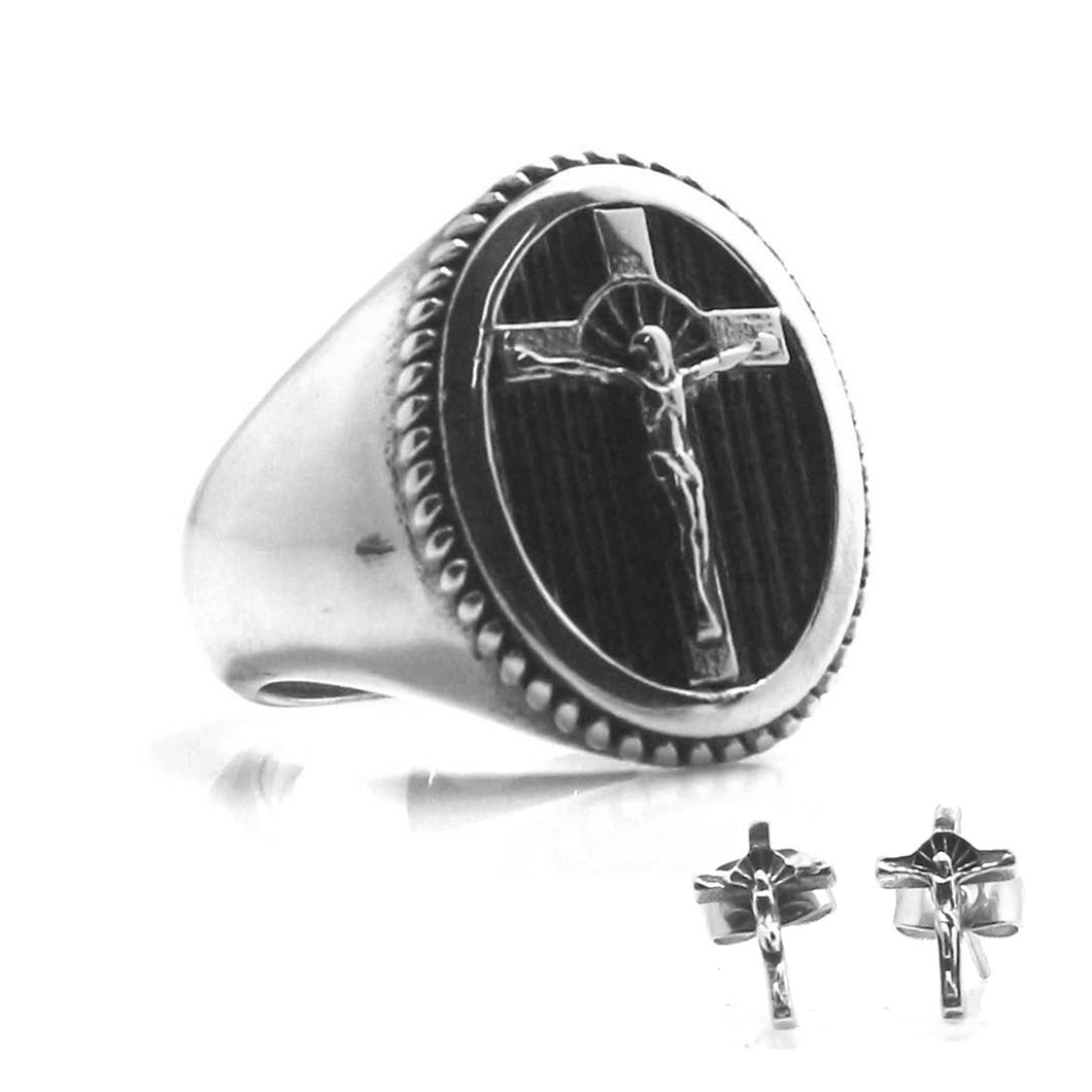 GUNGNEER Stainless Steel Christian Cross Ring Jesus Christ Studs Earrings Jewelry Accessory Set