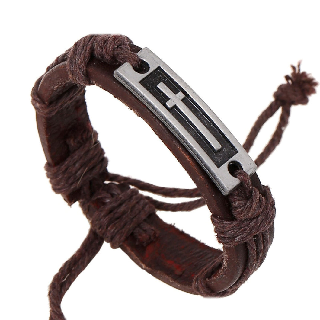 GUNGNEER Adjustable Genuine Leather Cross Bracelet Christian Jewelry Accessory For Men Women